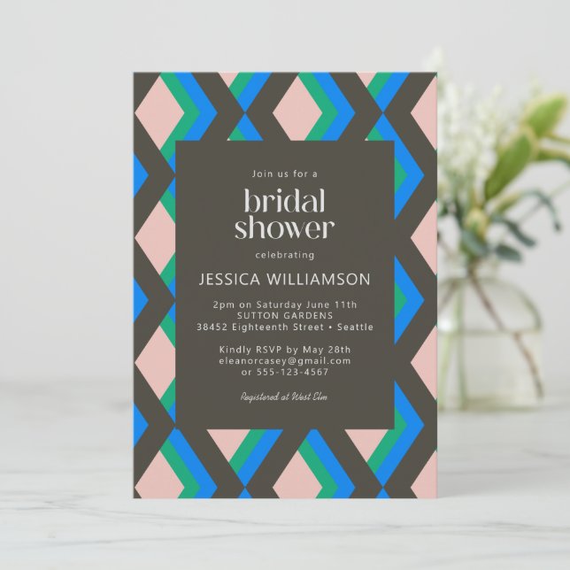 Modern Geometric Brown Blue Green Bridal Shower Invitation (Standing Front)