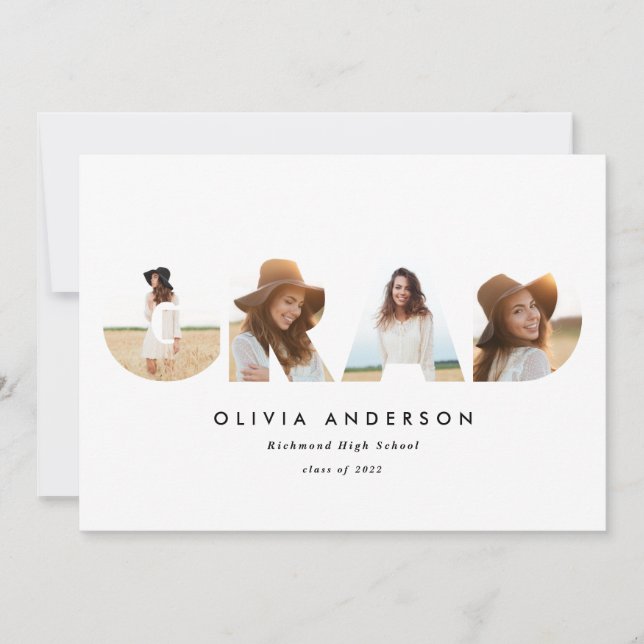 Modern geometric burgundy multi photo graduation announcement (Front)