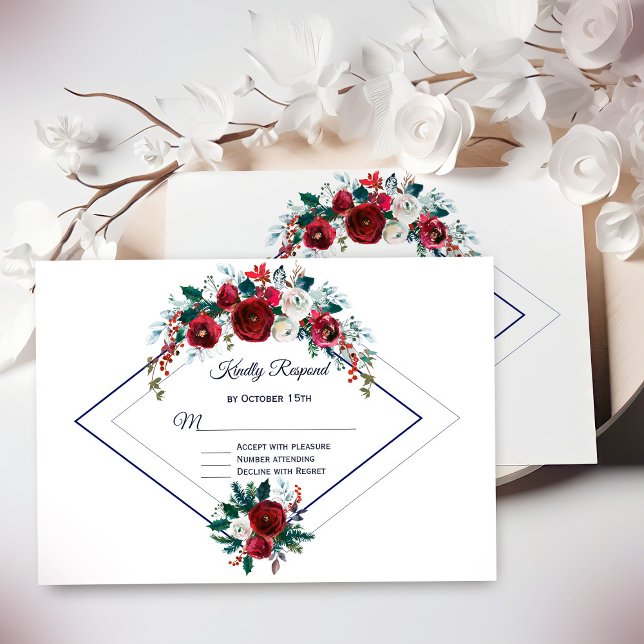 Modern Geometric Burgundy Navy Blue Floral Wedding RSVP Card (Creator Uploaded)