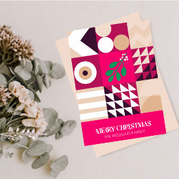 Modern Geometric Burgundy Pink Christmas Holiday Card
