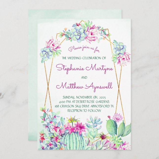 Modern Geometric Cactus Succulent Foliage Wedding Invitation (Front/Back)