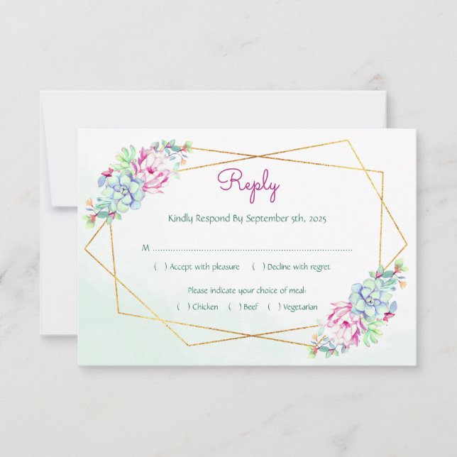 Modern Geometric Cactus Succulents Meal Wedding RSVP Card (Front)