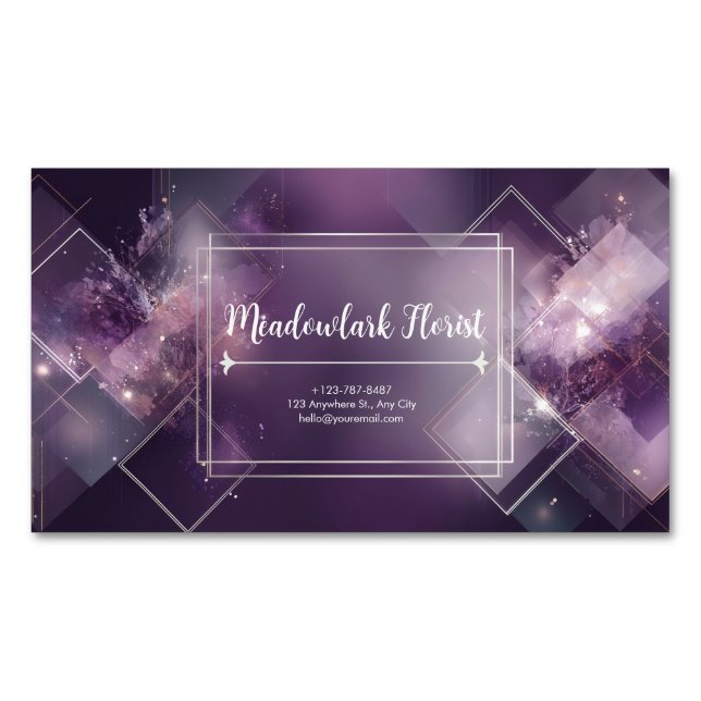 Modern Geometric Celestial Purple & Gold Magnetic Business Card (Front)