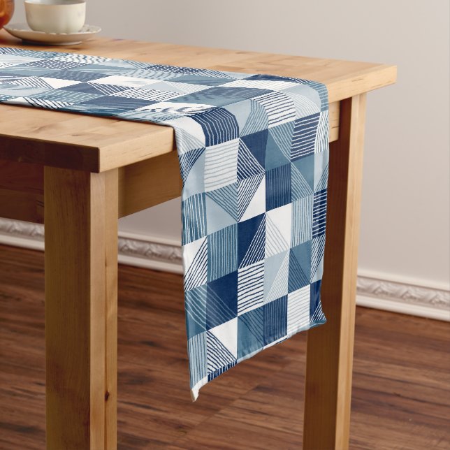 Modern Geometric Checks with Lines, Tonal Blue Long Table Runner (In Situ)