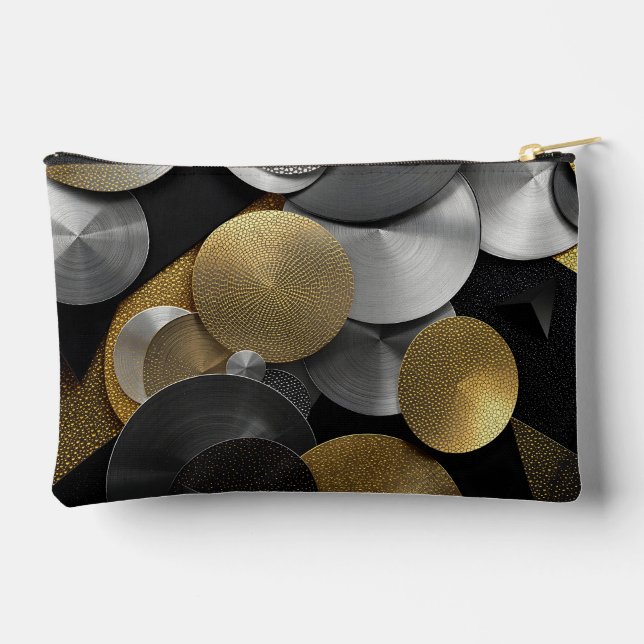 Modern Geometric Circles in Gold and Silver Accessory Pouch (Back)