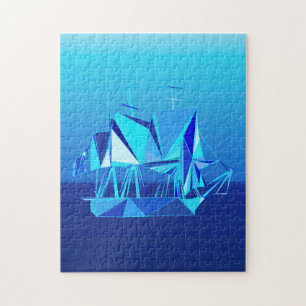 Modern Geometric Clipper Ship, Cobalt Blue Jigsaw Puzzle