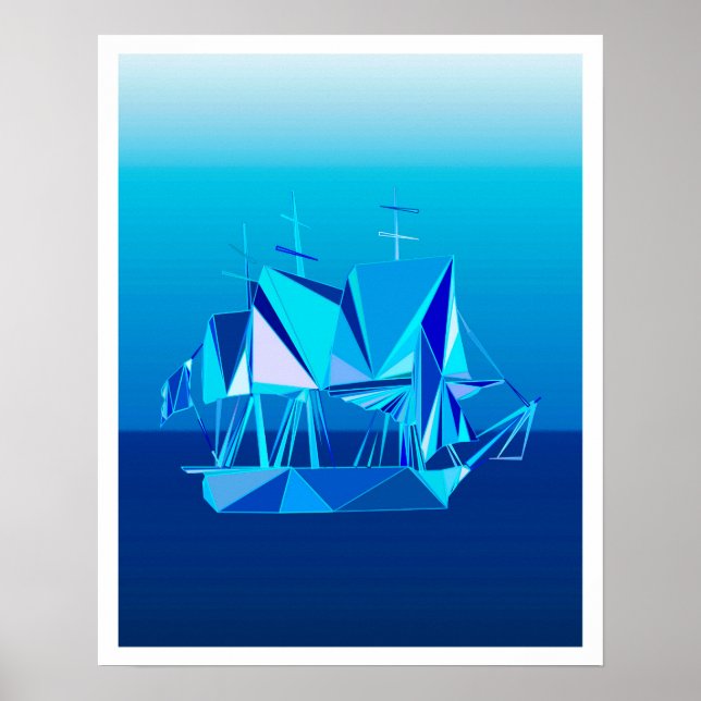 Modern Geometric Clipper Ship, Cobalt Blue Poster (Front)