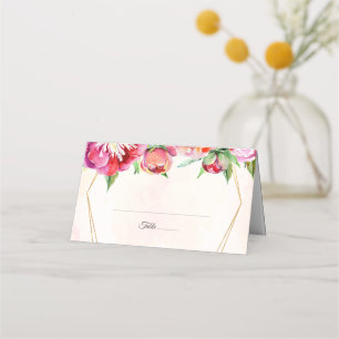 Modern Geometric Coral Peonies Floral Wedding Place Card