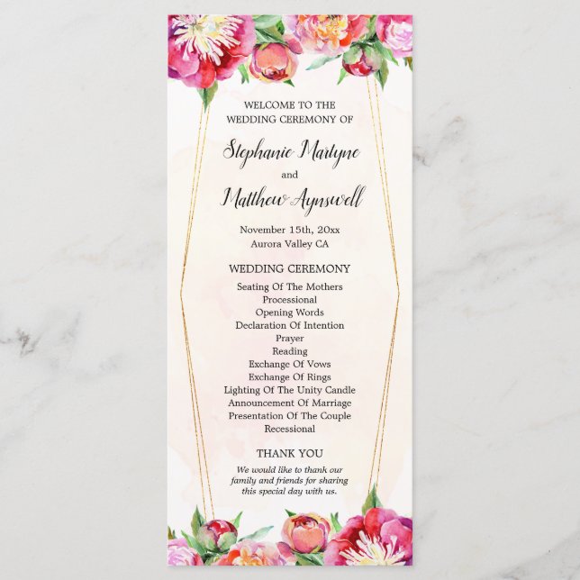 Modern Geometric Coral Red Peony Wedding Ceremony Programme (Front)