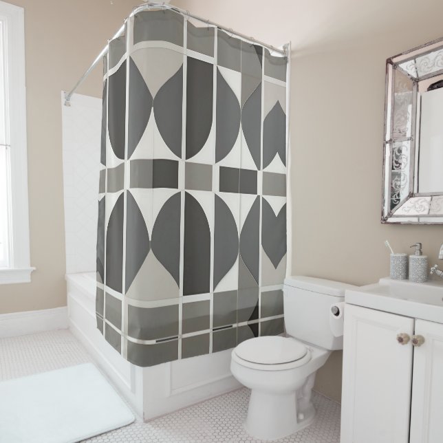 Modern Geometric Curves in Grey and White Shower Curtain (In Situ)