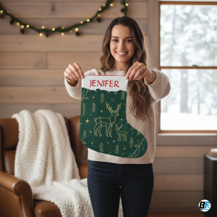 Modern Geometric Deer-Forest Green & Gold Minima Large Christmas Stocking