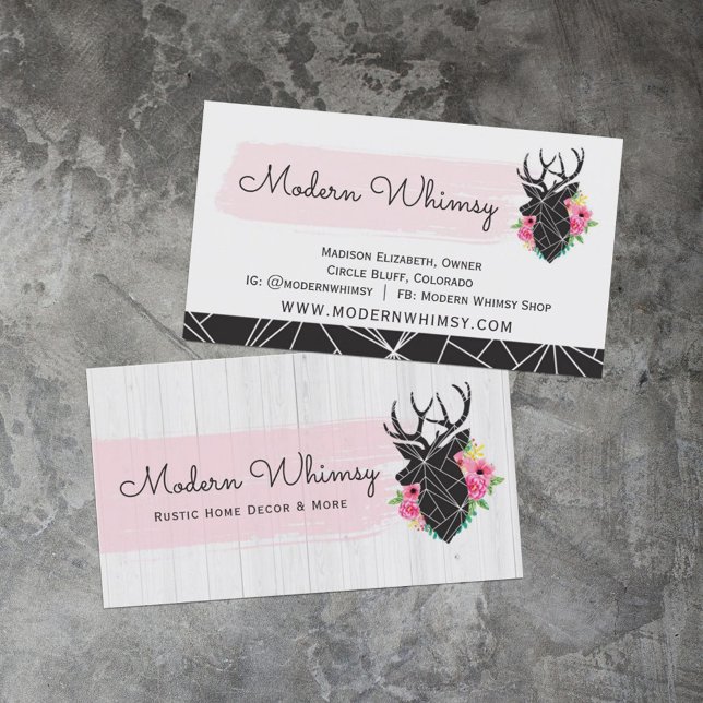 Modern Geometric Deer & Shabby Roses Rustic Wood Business Card (Creator Uploaded)