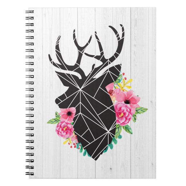 Modern Geometric Deer & Shabby Roses Rustic Wood Spiral Notebook (Front)