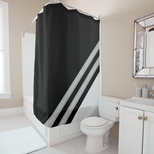 Modern Geometric Diagonal Black Shower Curtain (In Situ)