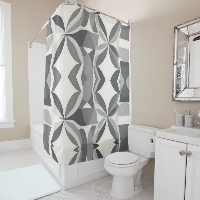 Modern Geometric Diamond Pattern in Grey and White Shower Curtain (In Situ)
