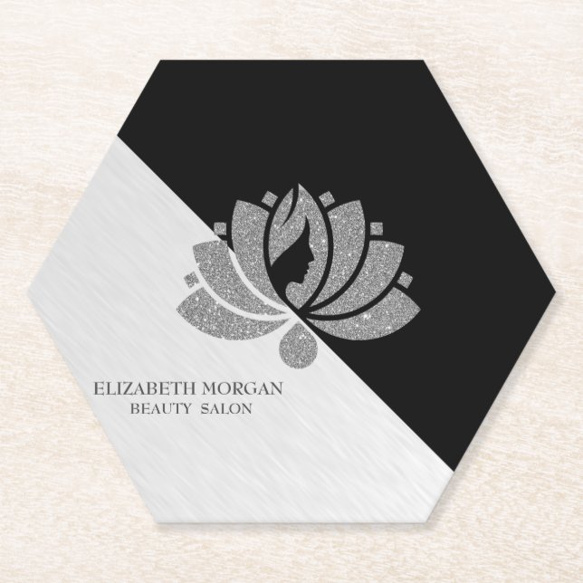 Modern Geometric, Elegant Silver Glitter Lotus Bus Paper Coaster (Front)