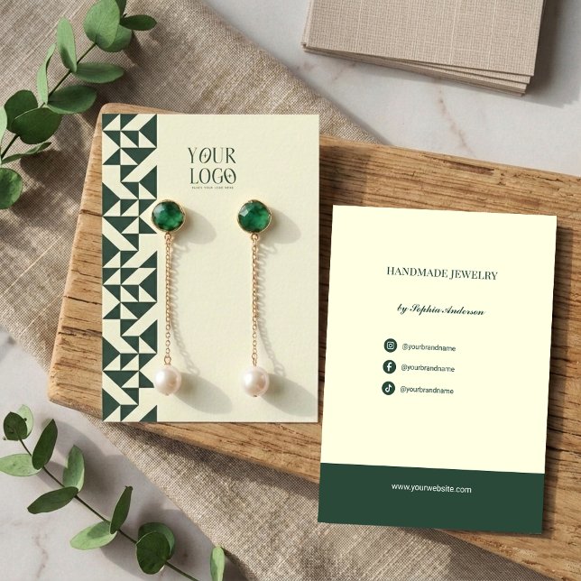 Modern Geometric Emerald & Ivory Earring Display Business Card (Creator Uploaded)