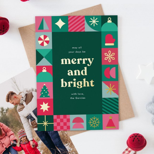 Modern Geometric Festive Icons Christmas Greeting  (modern, geometric, Christmas greeting card with gold foil details)