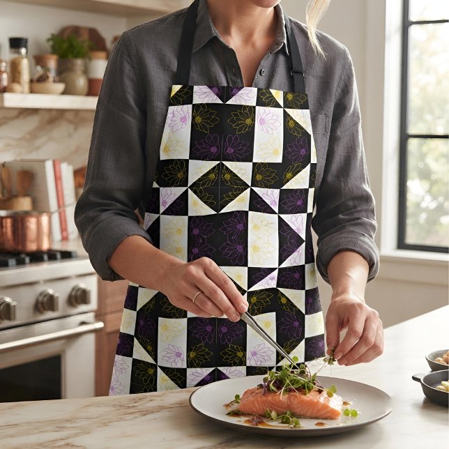 Modern Geometric Floral: Black & White Chic Apron (Creator Uploaded)