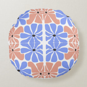 Modern Geometric Floral - Blue & Peach Pattern Round Cushion
