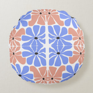 Modern Geometric Floral - Blue & Peach Pattern Round Cushion