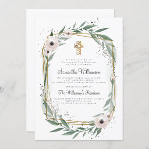 Modern Geometric Floral Cross Baptism Invitation