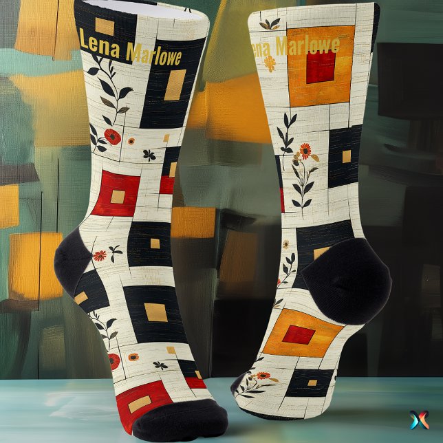Modern Geometric Floral – Custom Beige and Red Socks (Creator Uploaded)