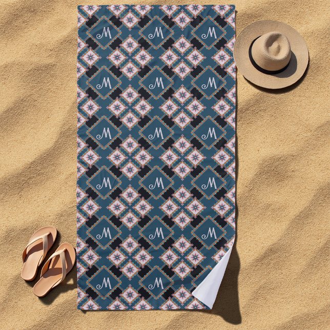 Modern Geometric Floral Monogram Flower Pattern Beach Towel (Creator Uploaded)