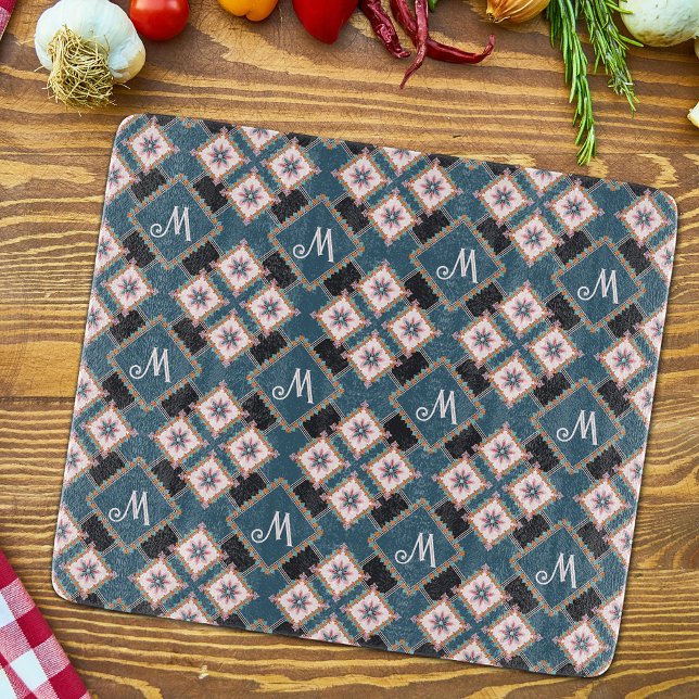 Modern Geometric Floral Monogram Flower Pattern Cutting Board (Creator Uploaded)