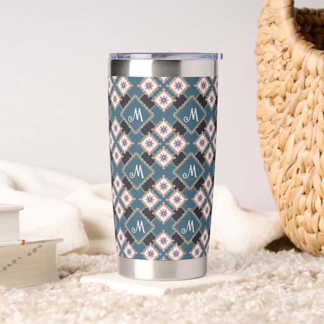 Modern Geometric Floral Monogram Flower Pattern Insulated Tumbler (Living Room)