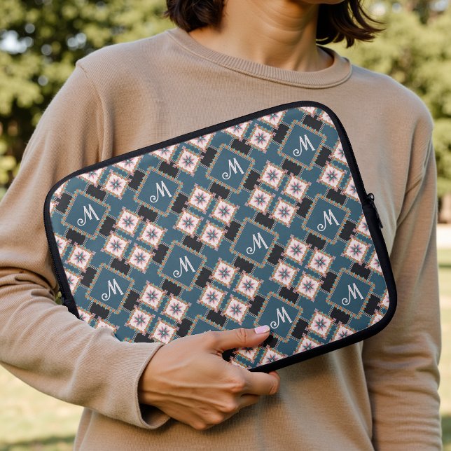 Modern Geometric Floral Monogram Flower Pattern Laptop Sleeve (Creator Uploaded)
