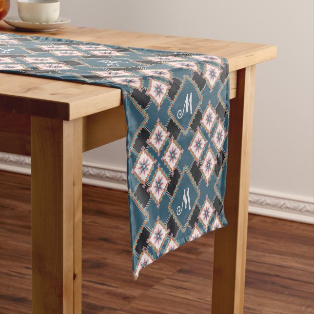 Modern Geometric Floral Monogram Flower Pattern Short Table Runner (In Situ)