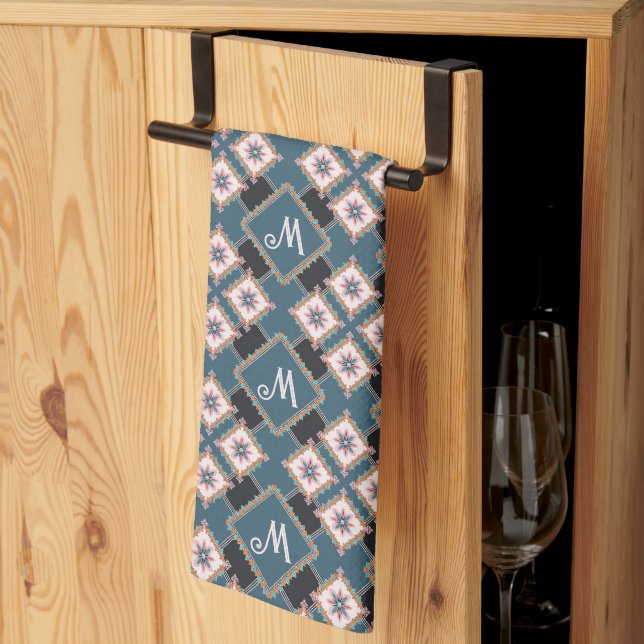 Modern Geometric Floral Monogram Flower Pattern Tea Towel (Thirds Fold)