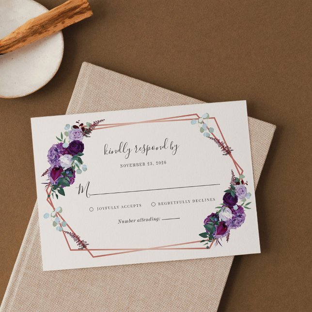 Modern Geometric Floral Purple Script Wedding RSVP (Creator Uploaded)