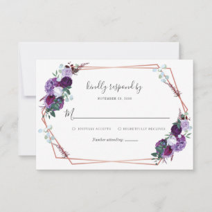 Modern Geometric Floral Purple Script Wedding RSVP Card
