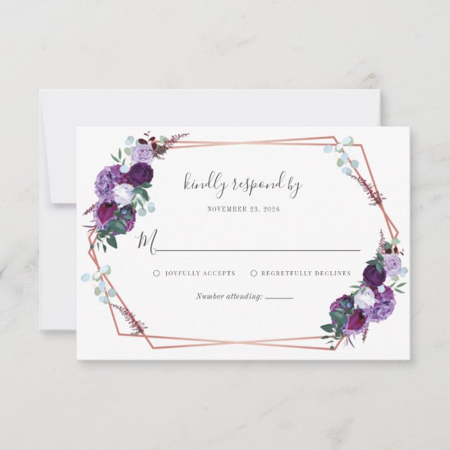 Modern Geometric Floral Purple Script Wedding RSVP Card (Front)