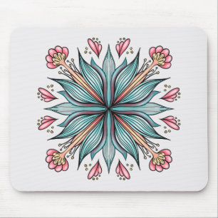 Modern Geometric Flower - Blue Pink Yellow Bloom Mouse Pad