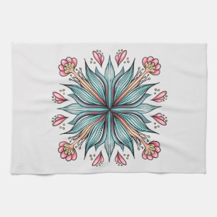 Modern Geometric Flower - Blue Pink Yellow Bloom Tea Towel