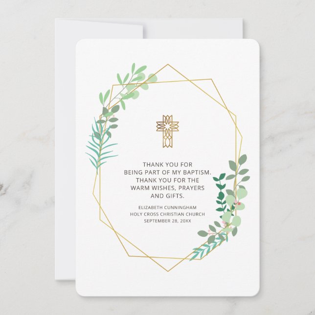 Modern Geometric Foliage Baptism Thank You (Front)