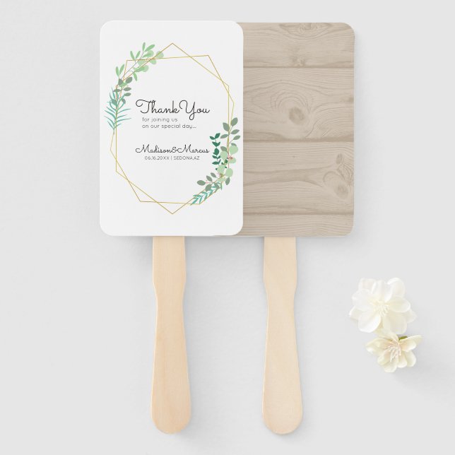 Modern Geometric Foliage Wedding Thank You Hand Fan (Front and Back)