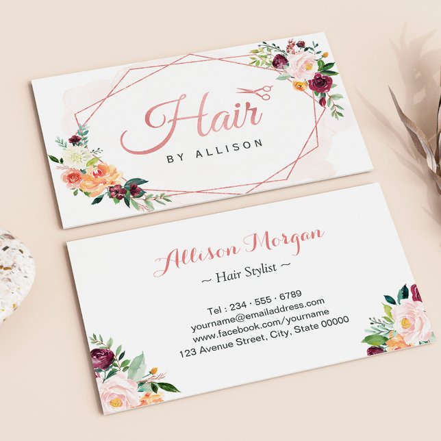 Modern Geometric Frame Floral Hair Stylist Business Card (Creator Uploaded)