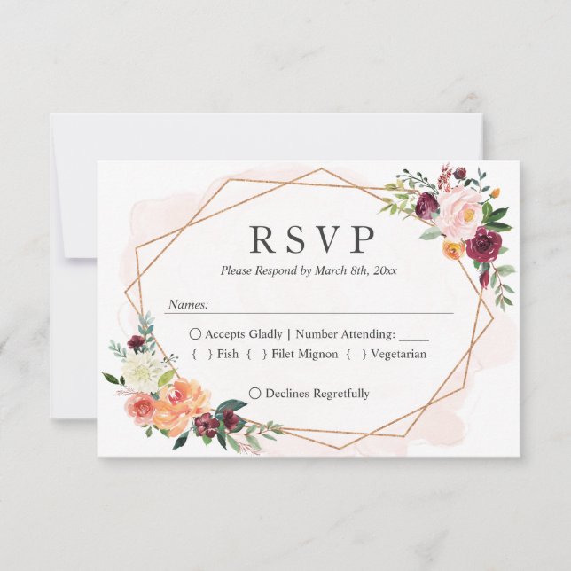 Modern Geometric Frame Floral Wedding RSVP Reply (Front)