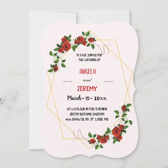 Modern Geometric Frame Nature Red Floral Wedding Invitation (Front)