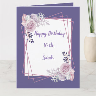 Modern Geometric Frame purple Flora  Birthday card
