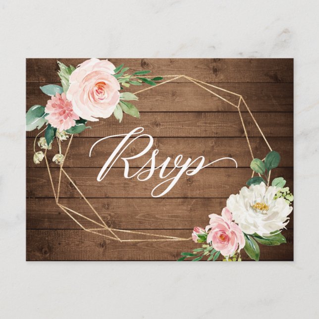 Modern Geometric Frame Rustic Floral Wedding RSVP Invitation Postcard (Front)