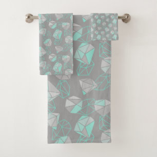 Modern Geometric Gems Pattern Grey & Aqua  Bath Towel Set