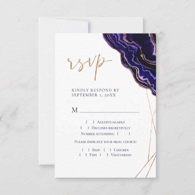 Modern Geometric Geode Blue Purple Meal Choice RSVP Card (Front)