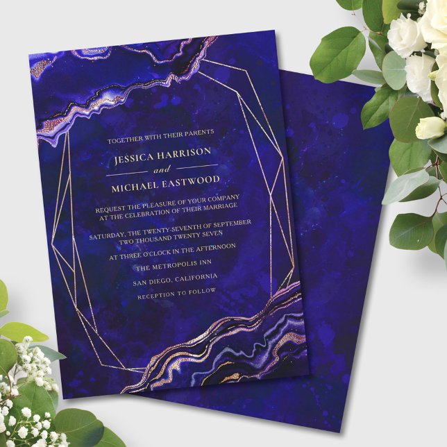 Modern Geometric Geode Deep Blue Agate Wedding Invitation (Creator Uploaded)