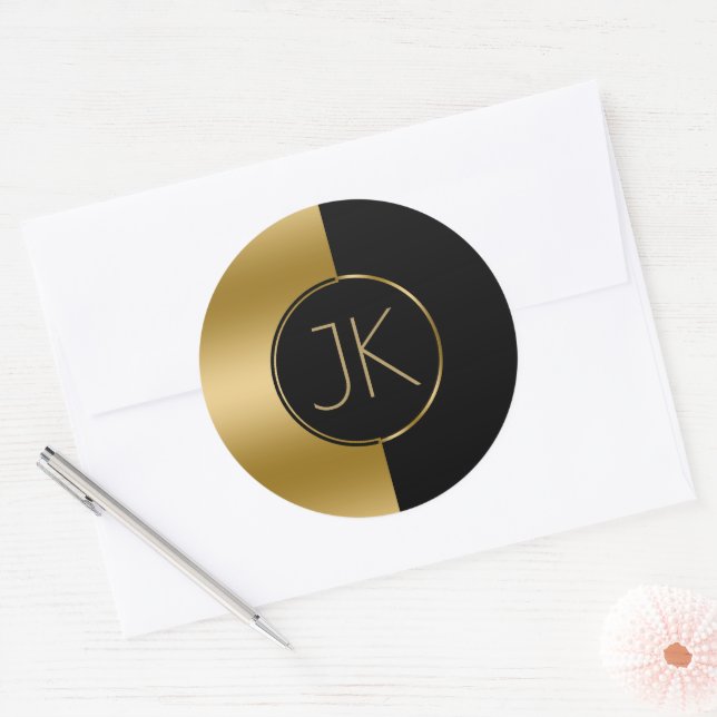 Modern Geometric Gold & Black Design Monogram Classic Round Sticker (Envelope)