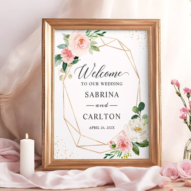 Modern Geometric Gold Blush Floral Wedding Sign (Creator Uploaded)